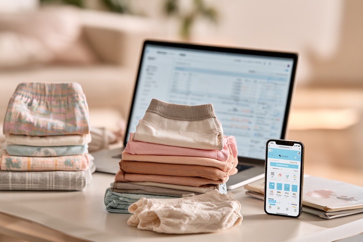 Launch preparation scene showing a laptop with a Shopify admin open, folded kids underwear samples in several colours, and a smartphone displaying the mobile storefront