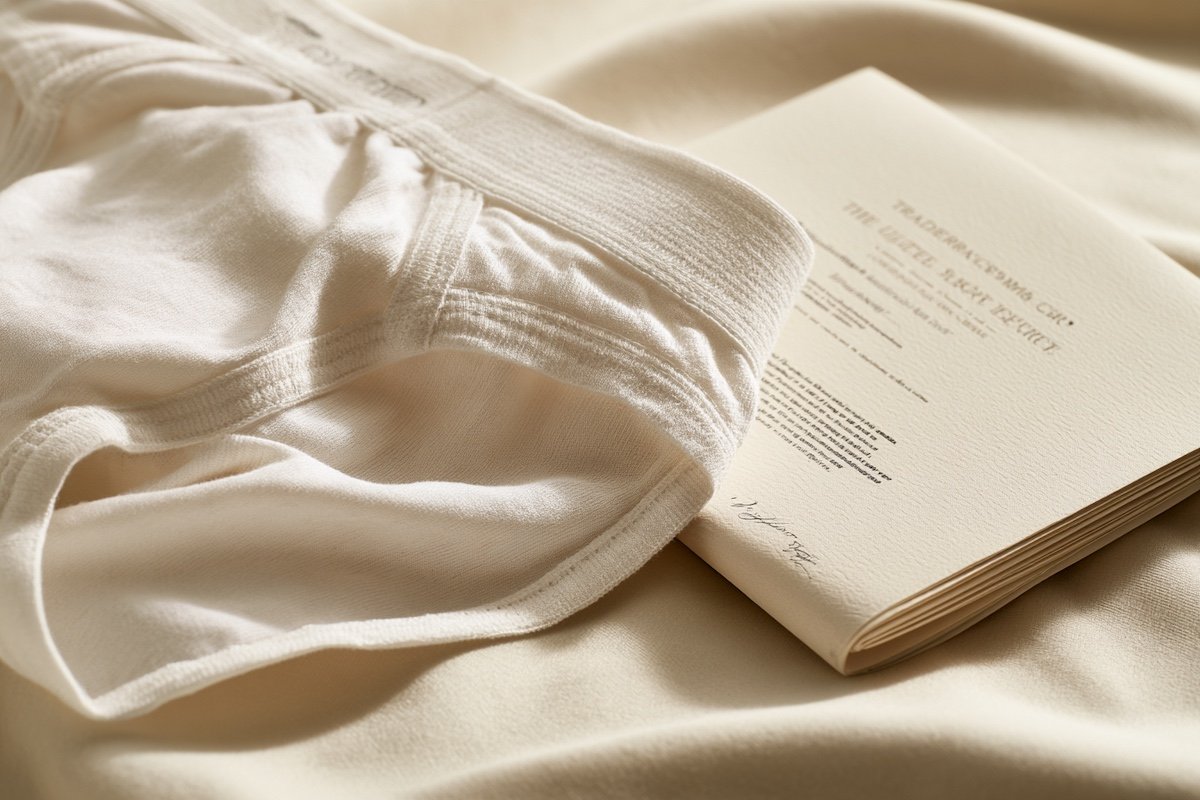 Close-up of a kids underwear waistband printed with a custom brand name and logo, laid beside a folded US trademark registration certificate