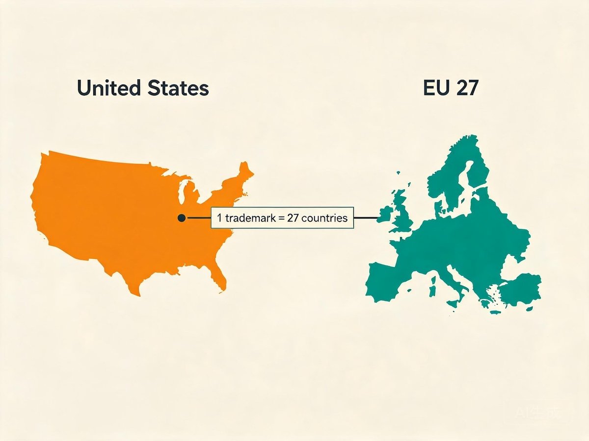 Map of the European Union highlighting the 27 member states covered by one EU trademark, with the United States shown separately across the Atlantic