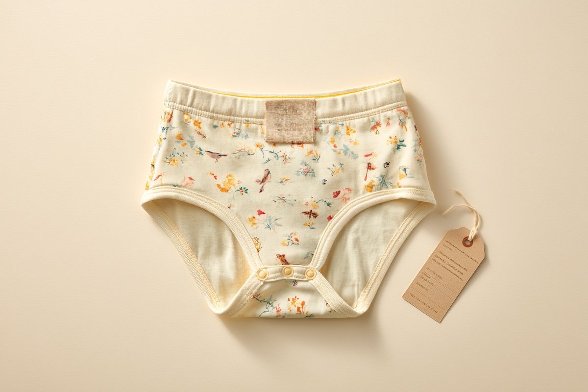 Kids underwear flat lay showing a proprietary print, a woven brand label and a serialized swing tag, with a QC inspection report beside it