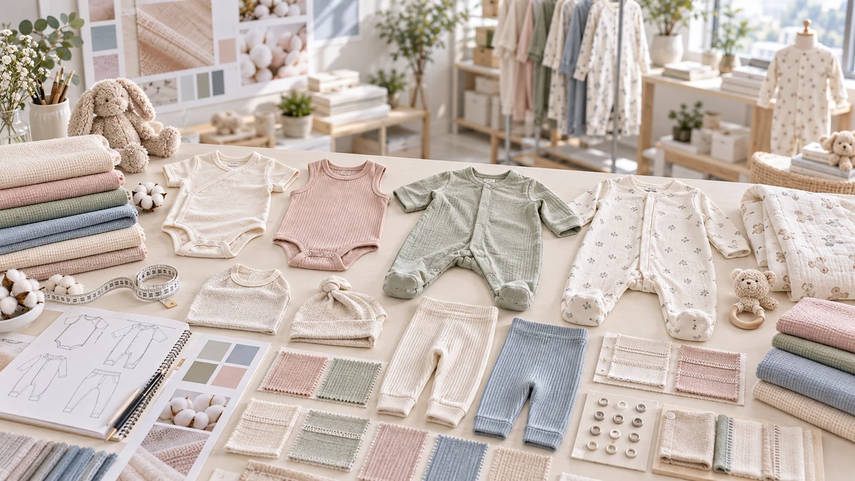 Baby apparel 2027 flat lay of bodysuits and knit sets