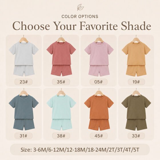 Bamboo baby pajama sets in eight solid color options with sizes from 3-6M to 5T
