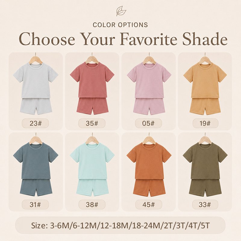 Bamboo baby pajama sets in eight solid color options with sizes from 3-6M to 5T