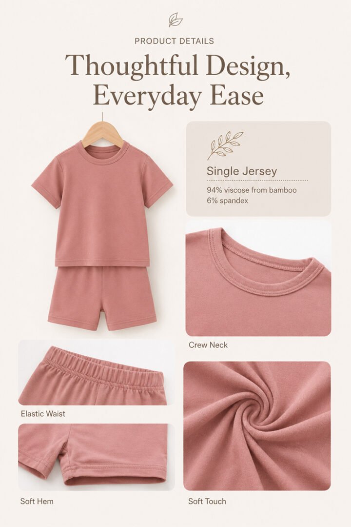 Bamboo baby pajama set details showing crew neck elastic waist soft hem and stretch jersey fabric