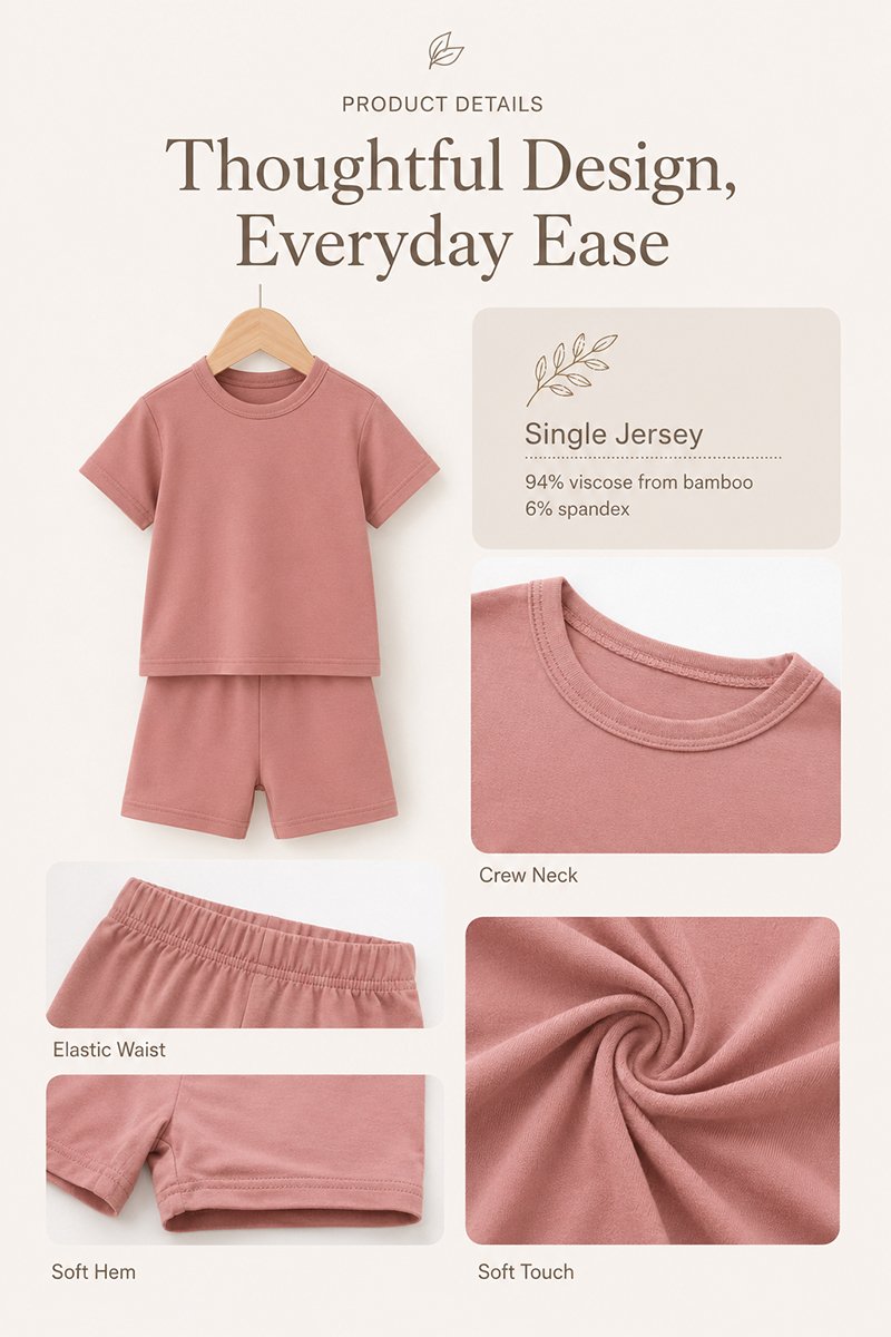 Bamboo baby pajama set details showing crew neck elastic waist soft hem and stretch jersey fabric