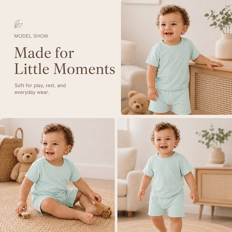 Toddler wearing a mint bamboo baby pajama set with short sleeve top and matching shorts