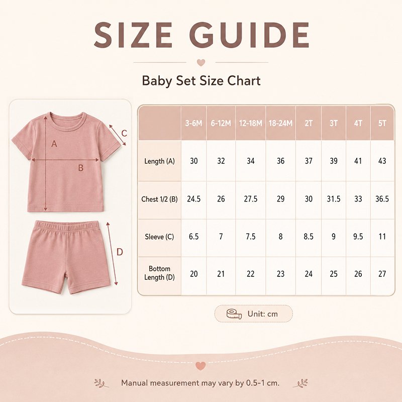 Bamboo baby pajama set size chart with shirt and shorts measurements from 3-6M to 5T