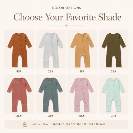 Eight solid color options for bamboo baby rompers in sizes from newborn to 24 months