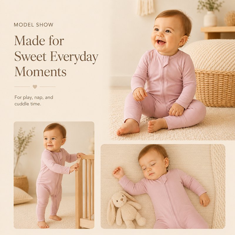 Baby wearing a soft pink bamboo romper during play rest and everyday indoor activities