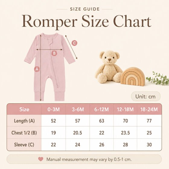 Bamboo baby romper size chart with length chest and sleeve measurements from 0-3M to 18-24M