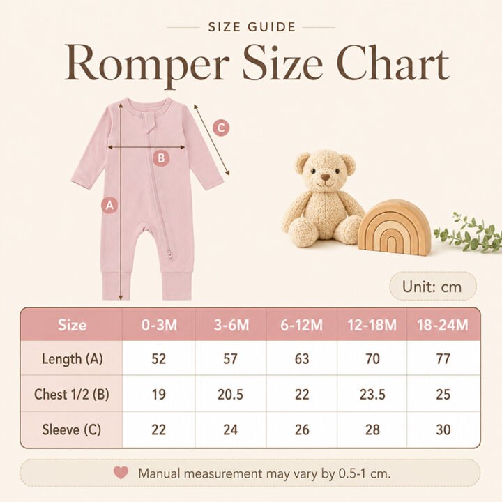 Bamboo baby romper size chart with length chest and sleeve measurements from 0-3M to 18-24M