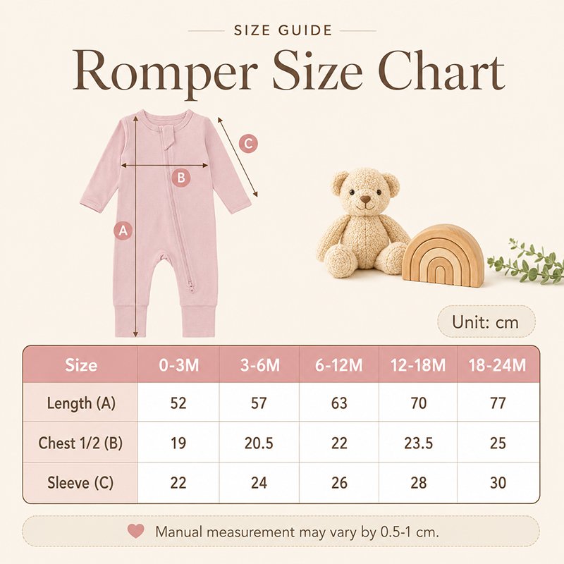 Bamboo baby romper size chart with length chest and sleeve measurements from 0-3M to 18-24M