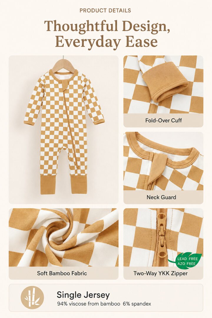 Bamboo baby romper details showing fold-over cuff neck guard soft fabric and two-way YKK zipper