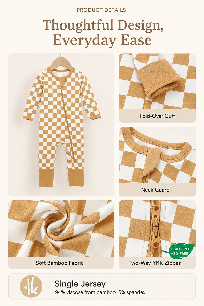 Bamboo baby romper details showing fold-over cuff neck guard soft fabric and two-way YKK zipper