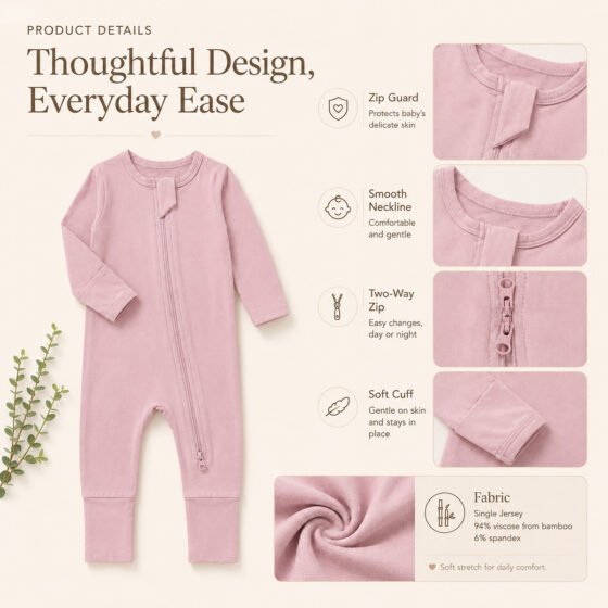 Bamboo baby romper showing two-way zipper zip guard soft cuffs neckline and fabric construction