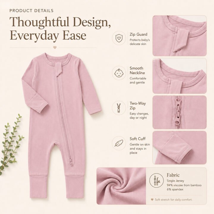 Bamboo baby romper showing two-way zipper zip guard soft cuffs neckline and fabric construction