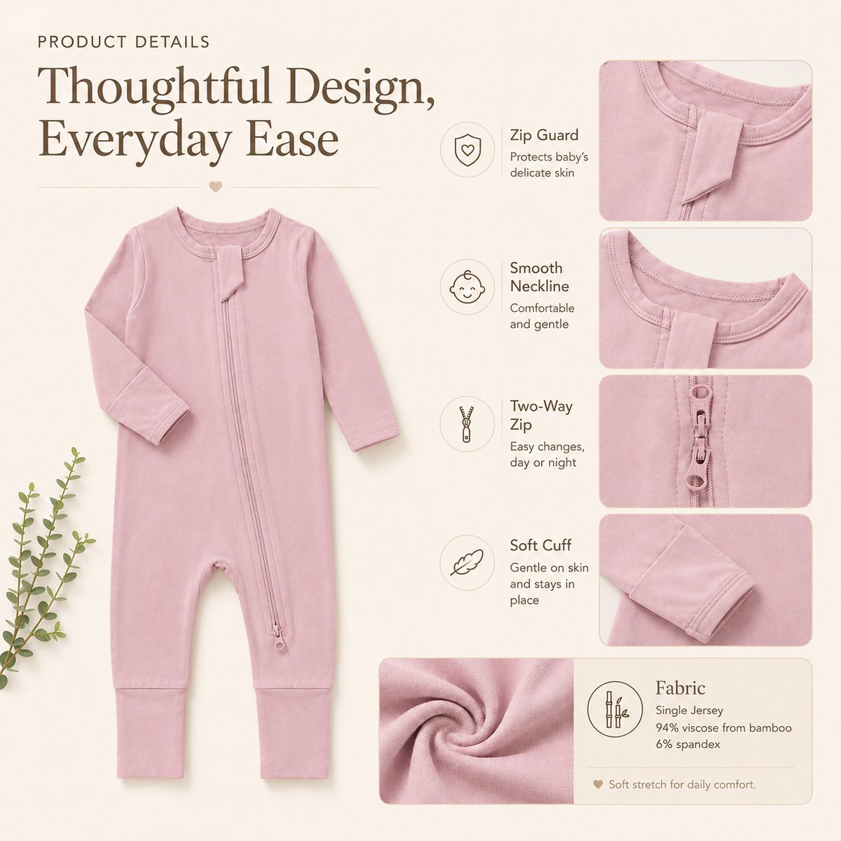 Bamboo baby romper showing two-way zipper zip guard soft cuffs neckline and fabric construction