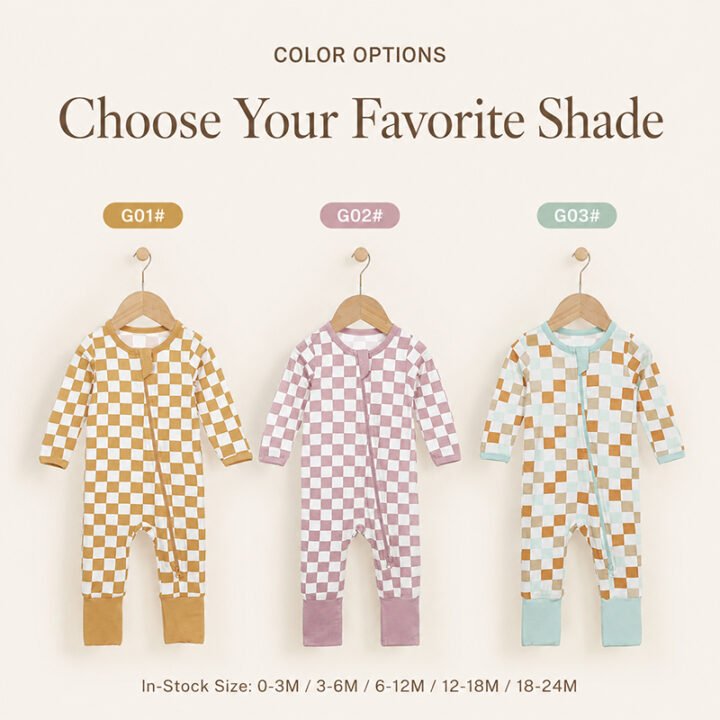 Bamboo checkered baby rompers in mustard pink and mint colorways with sizes from 0-3M to 18-24M