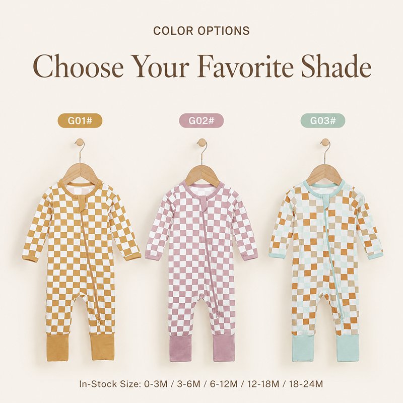 Bamboo checkered baby rompers in mustard pink and mint colorways with sizes from 0-3M to 18-24M