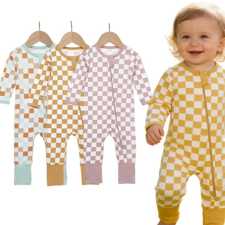 Bamboo checkered baby rompers shown beside a baby wearing the mustard colorway