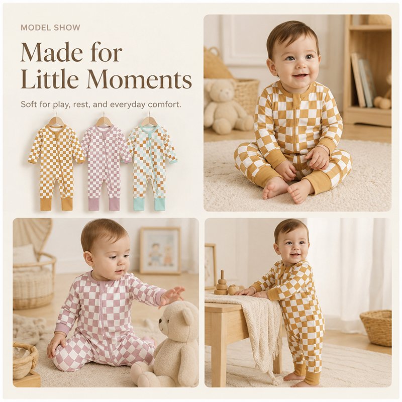 Babies wearing mustard and pink checkered bamboo rompers in everyday nursery settings