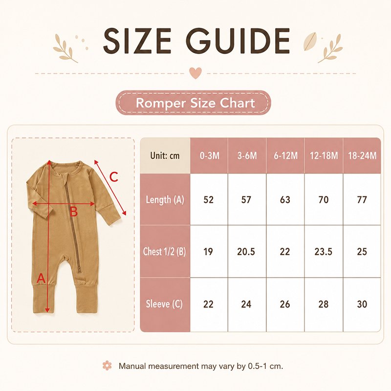 Bamboo checkered baby romper size chart with length chest and sleeve measurements from 0-3M to 18-24M