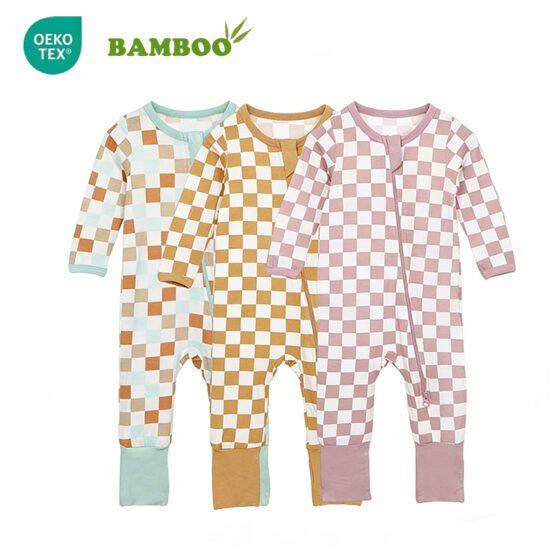 Three bamboo checkered baby rompers in mint mustard and pink colorways