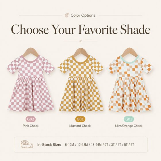 Bamboo viscose girls dresses in pink mustard and mint orange checkered ready stock colors