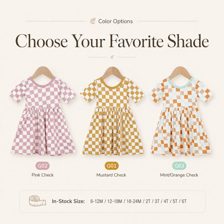 Bamboo viscose girls dresses in pink mustard and mint orange checkered ready stock colors