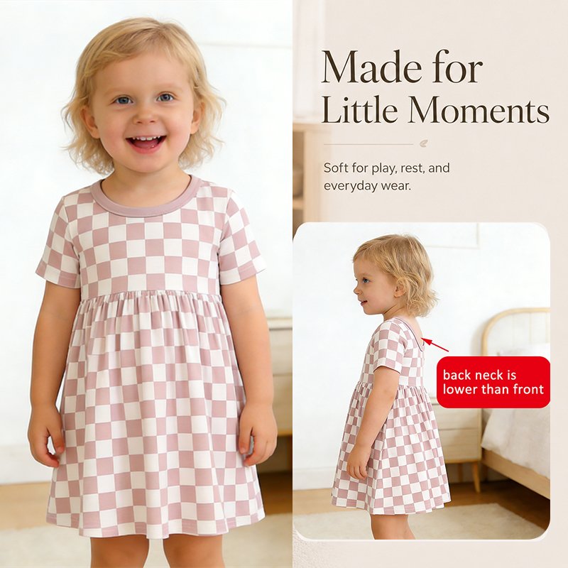 Pink checkered girls dress showing front fit and lower back neckline construction