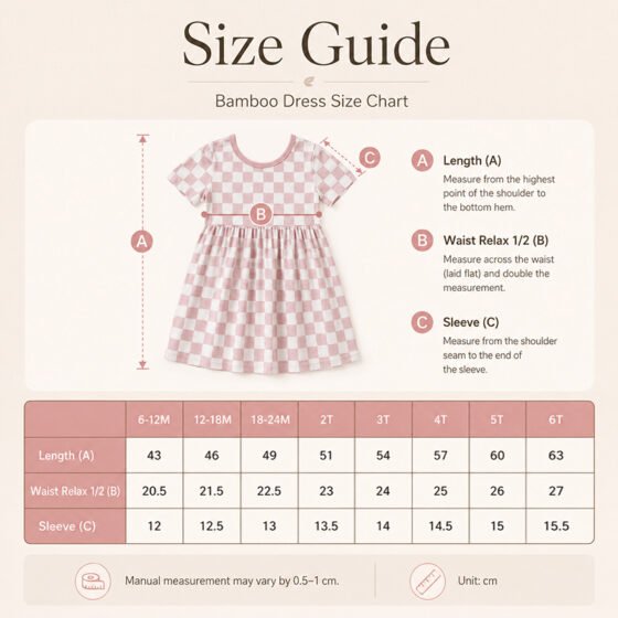 Size chart for bamboo viscose checkered girls dress from 6-12M through 6T
