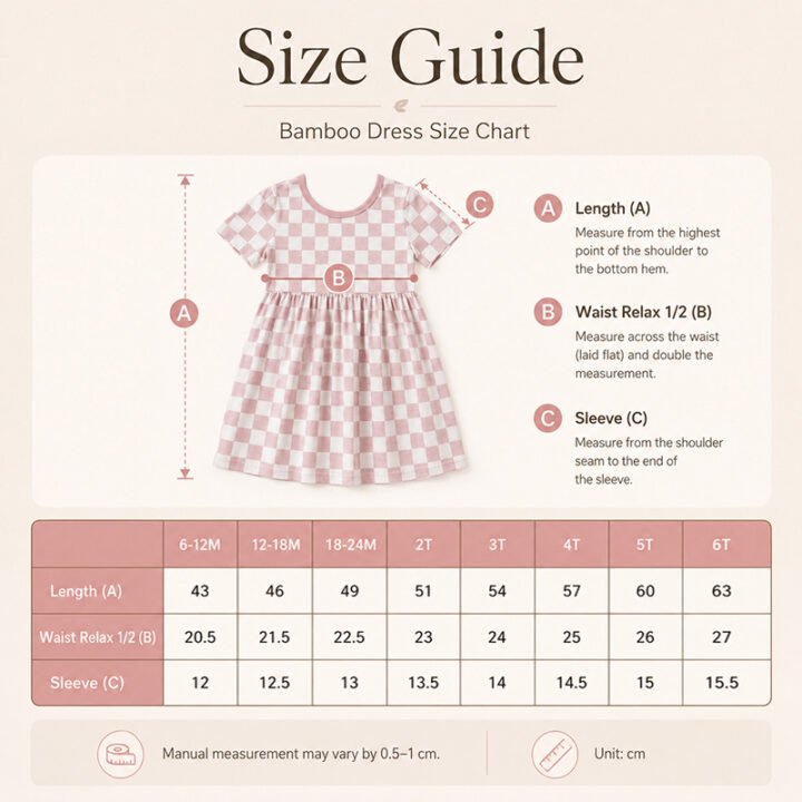 Size chart for bamboo viscose checkered girls dress from 6-12M through 6T