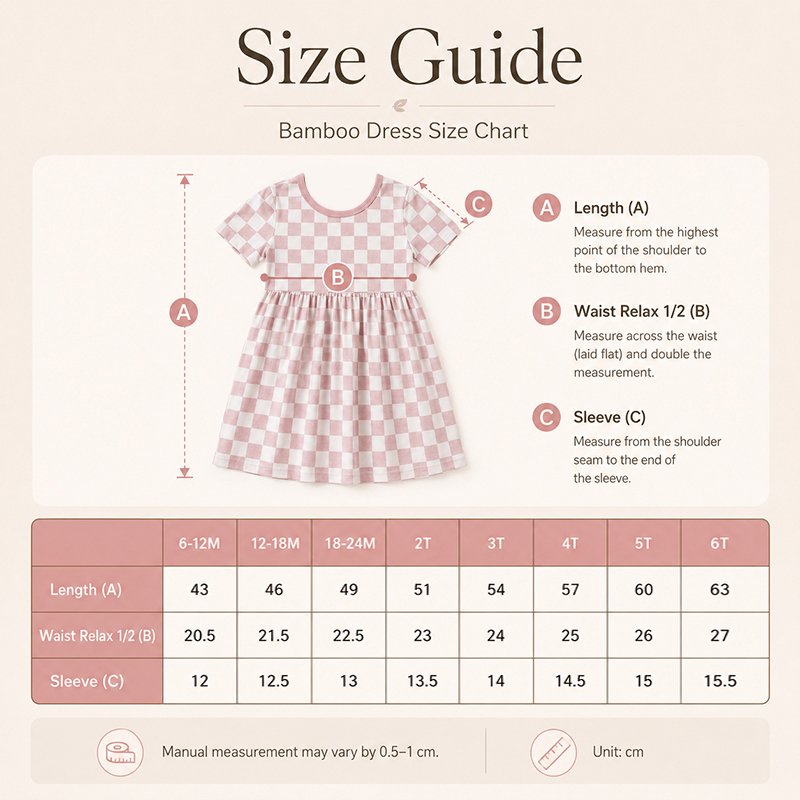 Size chart for bamboo viscose checkered girls dress from 6-12M through 6T