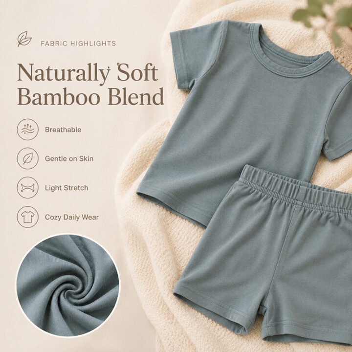 Bamboo viscose baby pajama set showing soft breathable stretch fabric and single jersey texture