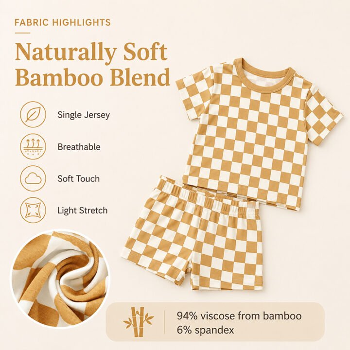 Checkered baby pajama fabric showing soft single jersey texture made with viscose from bamboo and spandex