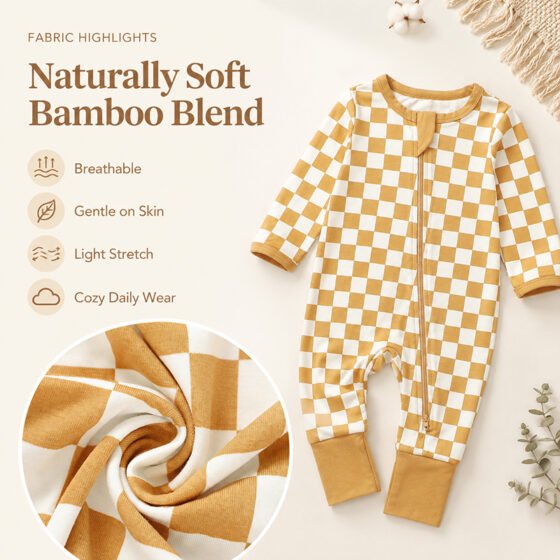 Checkered bamboo viscose baby romper showing soft breathable stretch fabric and jersey texture