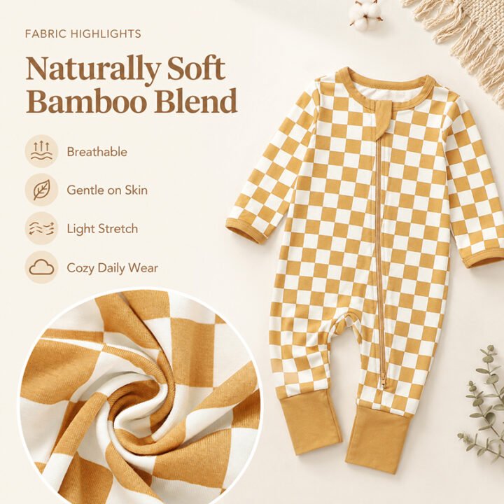 Checkered bamboo viscose baby romper showing soft breathable stretch fabric and jersey texture