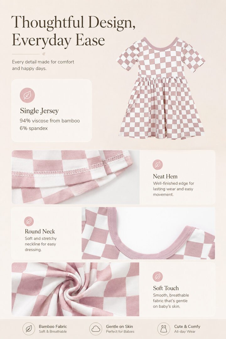 Bamboo viscose checkered girls dress details showing round neckline clean hem and soft jersey fabric