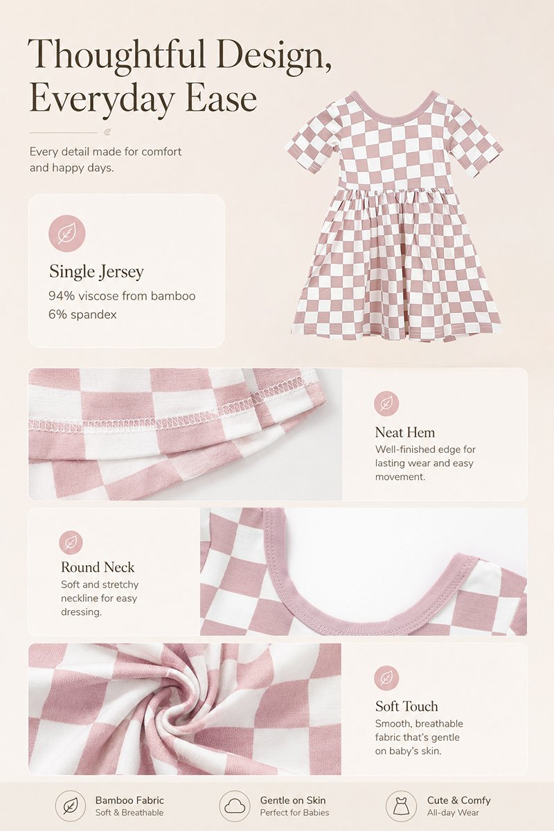 Bamboo viscose checkered girls dress details showing round neckline clean hem and soft jersey fabric