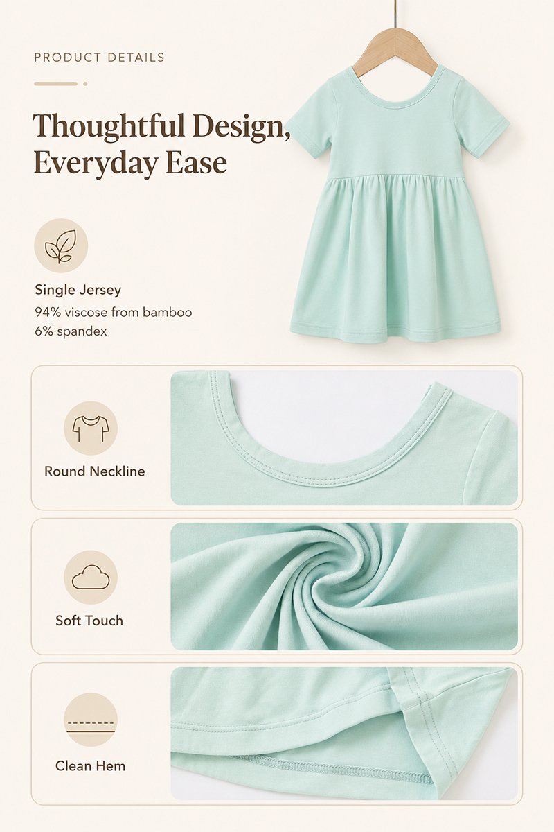Bamboo viscose girls dress details showing round neckline soft jersey fabric and clean hem