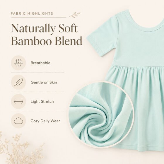 Mint bamboo viscose girls dress with close-up showing soft breathable stretch fabric