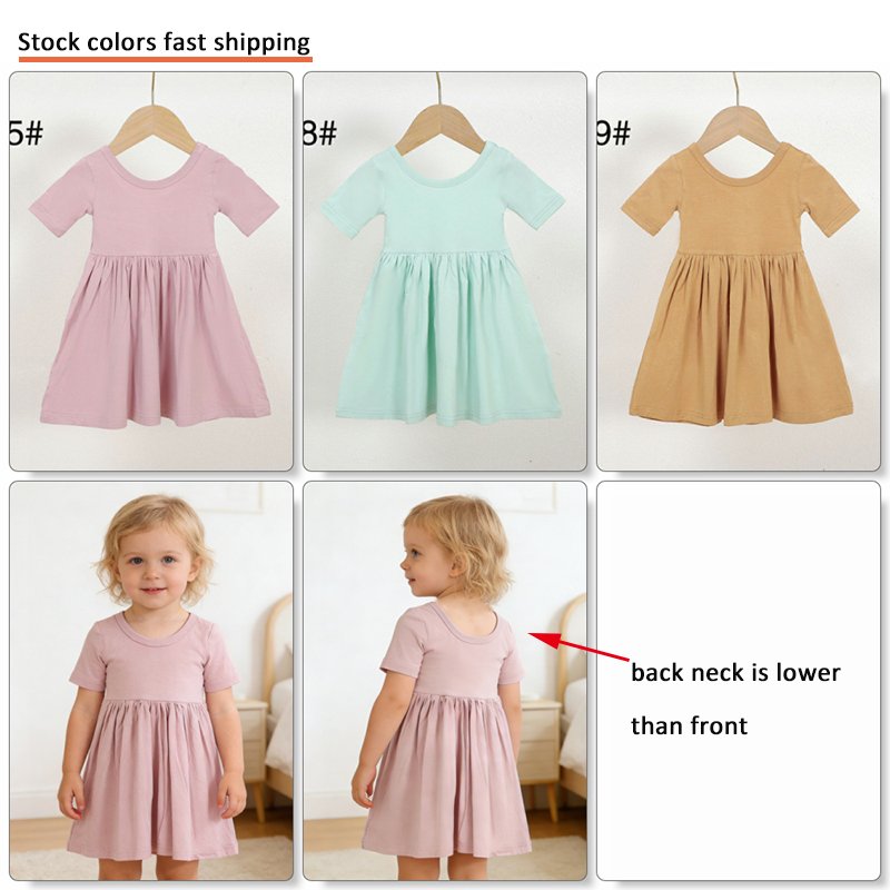 Bamboo viscose girls dress showing stock colors and front and back neckline construction