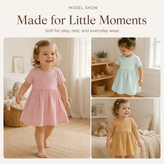 Girls wearing pink mint and mustard bamboo viscose dresses in everyday indoor settings