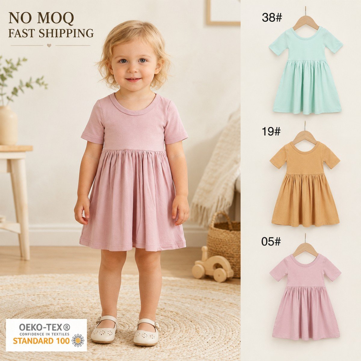 Toddler wearing a pink bamboo viscose girls dress with three ready stock color options