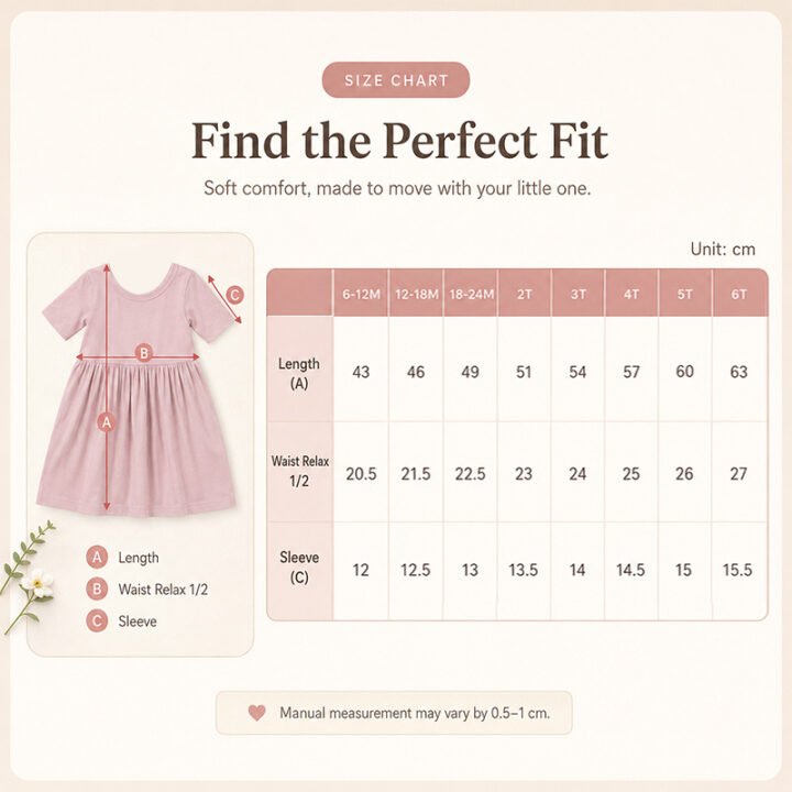 Size chart for bamboo viscose girls dress covering baby and toddler sizes from 6-12M through 6T