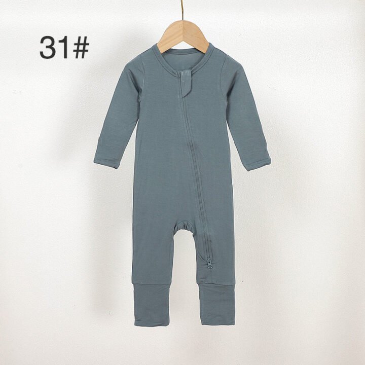 Blue gray bamboo baby romper color 31 with long sleeves zipper front and stretch cuffs