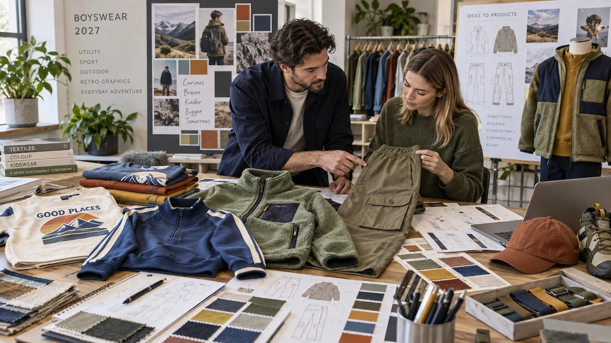 Boys clothing trends 2027 design planning with utility sport and outdoor style direction in a kidswear studio