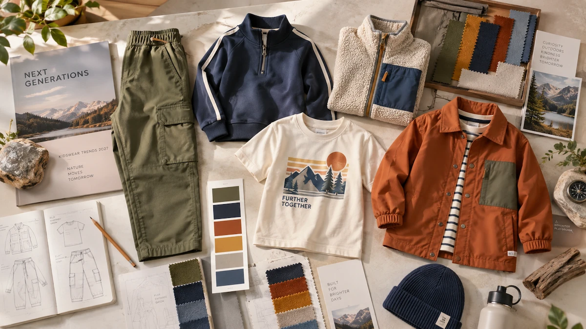 Boys clothing trends 2027 flat lay featuring utility outdoor and sporty kidswear styles with fabric and color references