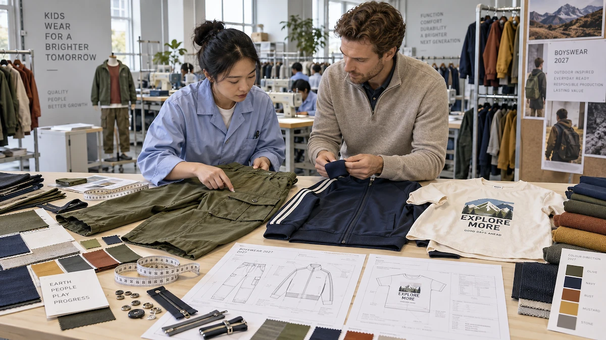Boyswear development team reviewing garment construction details for 2027 bulk production feasibility