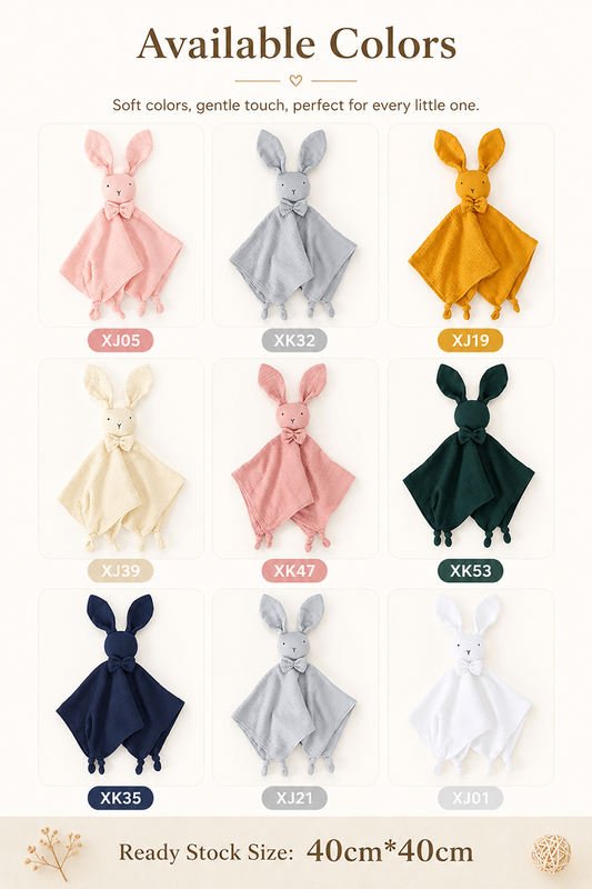 Available color options grid for bunny baby comforter blankets in 40x40cm